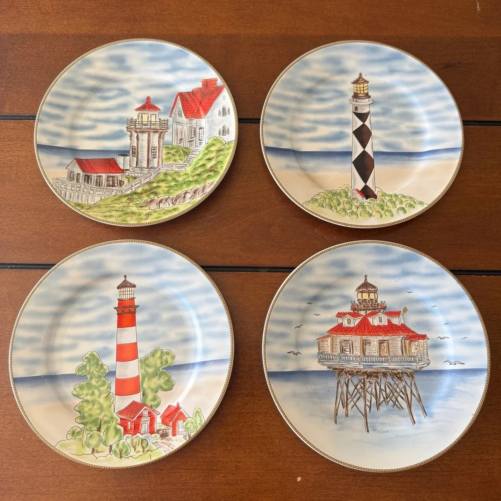 Royal Norfolk Lighthouse Salad Plates Set of 4 Nautical Coastal 7.5 Inch Ceramic